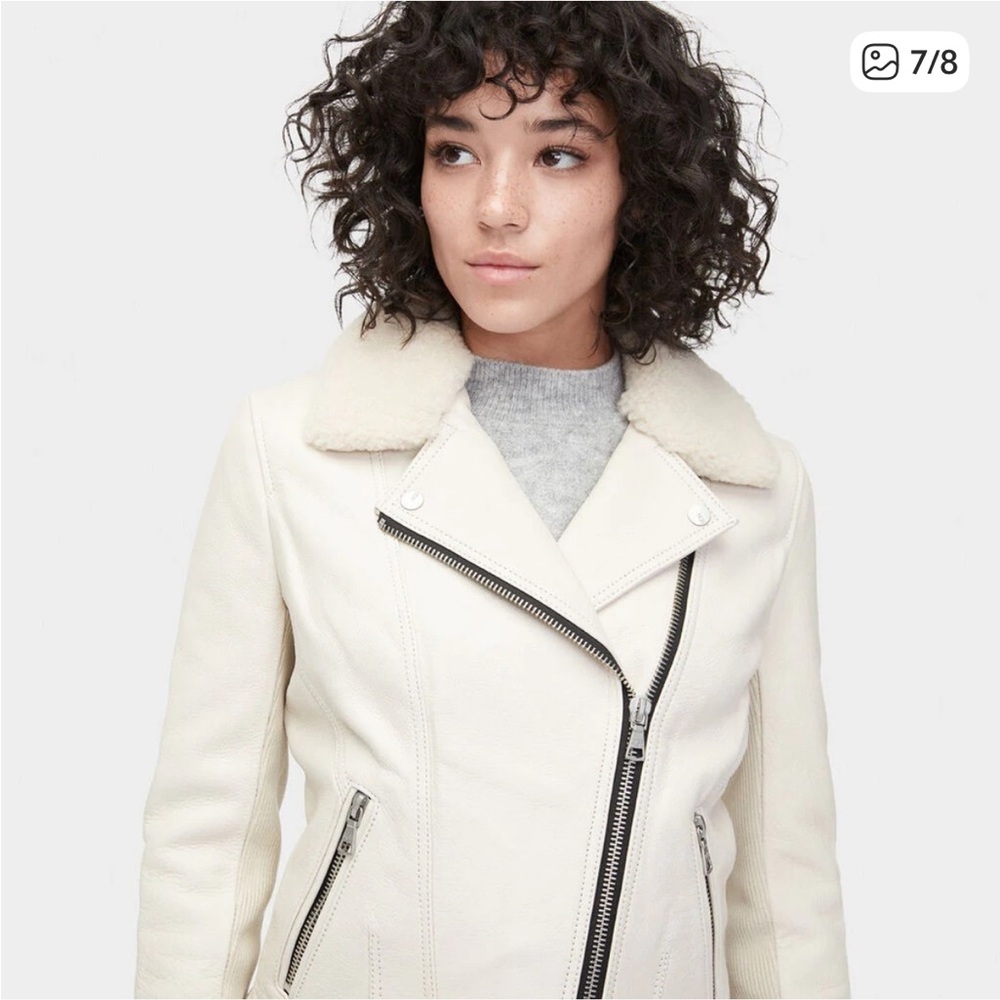 BRAND NEW UGG Andee Ivory Leather Cycle Jacket Removable Fur Collar